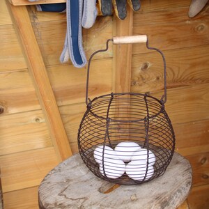 May include: A vintage-style wire egg basket with a wooden handle, containing white eggs, rests on a wooden stool. The basket is brown and spherical. A wooden garden tool is visible in the background.