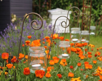 Könnte beinhalten: Eine Reihe von Glasbehältern mit Kerzen darin, die an Metallhaken in einem Garten hängen. Die Behälter sind von orangefarbenen Blumen umgeben.