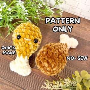 May include: A crochet pattern for a no-sew, quick-make fried chicken leg plush toy. The pattern includes instructions for making a brown and yellow fried chicken leg with a white bone.