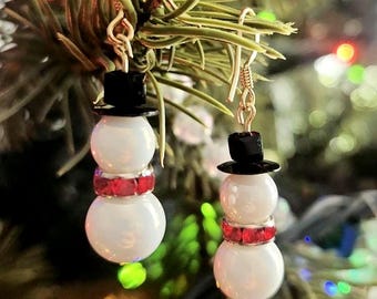 Handmade Iridescent Snowman Earrings: Christmas Holiday Jewelry