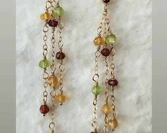 Natural Honey Citrine, Peridot, Garnet Gemstone & Gold filled Earrings