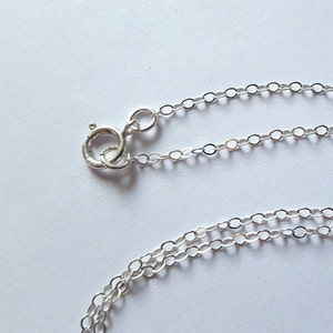 May include: A silver chain necklace with a lobster clasp closure. The chain is made of small, round links.