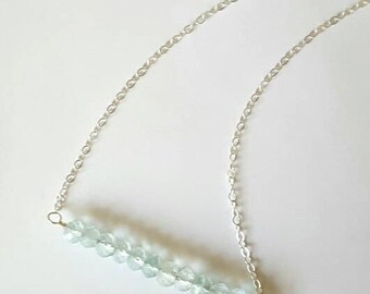 Natural Aquamarine Gemstone & Sterling Silver Bar Necklace