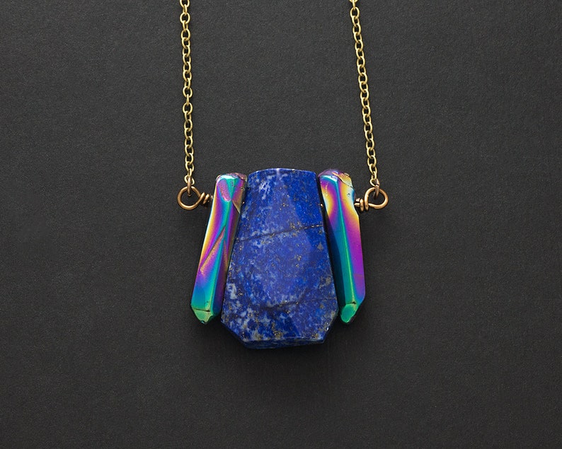Rainbow Aura Quartz Lapis Lazuli Bronze Necklace Iridescent | Etsy