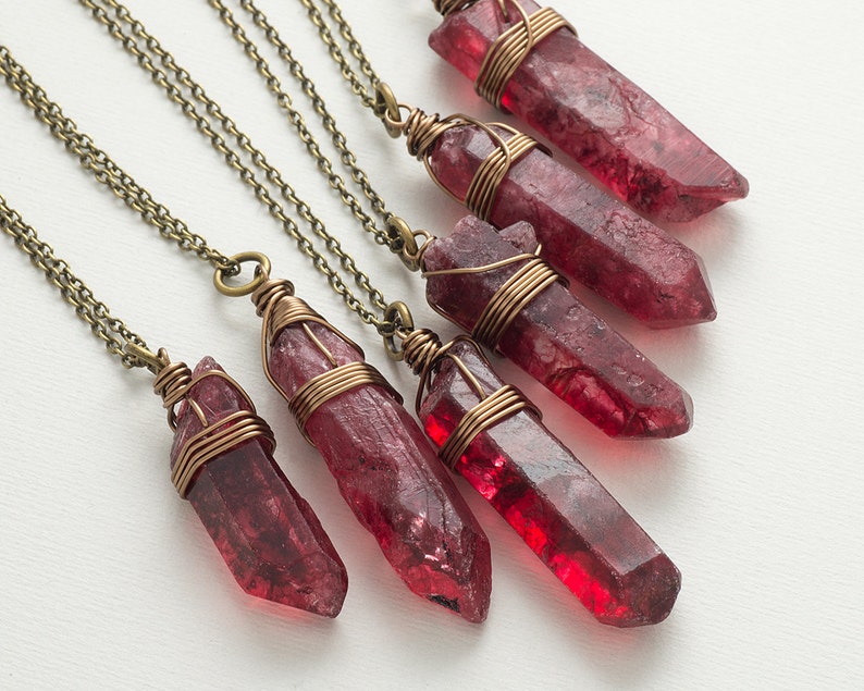 Dark Red Quartz Necklace Bronze Raw Crystal Necklace Quartz Etsy