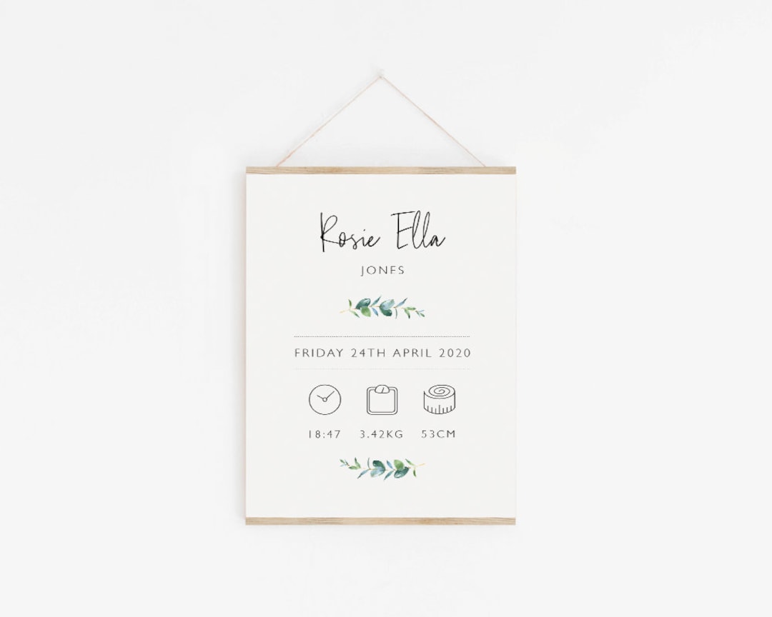 Eucalyptus Birth Print Boho Birth Announcement Birth Poster Birth Stats