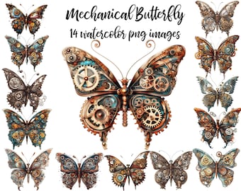 Steampunk Butterfly Clipart: 14 Retro Watercolor PNG Images (Digital Download)
