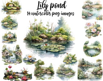 Lily Pond, Lily pond clipart, Lily pond watercolor, Lily pond image , Pond illustration, Pond image, Lily pond poster Buy 2 Get 1 FREE