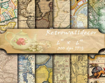 Vintage maps digital paper , vintage and antique maps of europe, america and the world , old world maps 6x6 inches Buy 2 Get 1 FREE