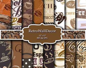 Coffee digital paper : "Coffee Time" digital backgrounds in brown and cream with coffee illustrations coffee printable, Buy 2 Get 1 FREE