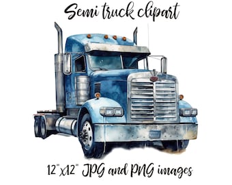 Watercolor Semi Truck Clipart: 12x12 PNG, JPG (Digital Download)
