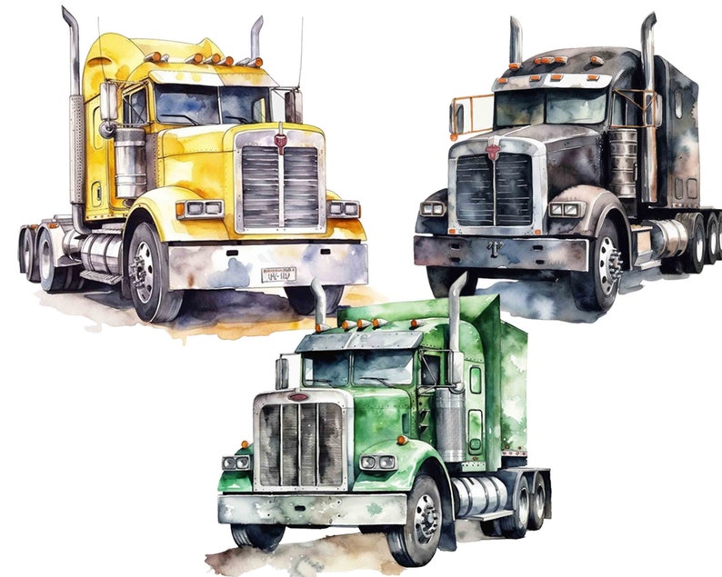 Watercolor Semi Truck Clipart: 14 PNG Images (Digital Download) image 2
