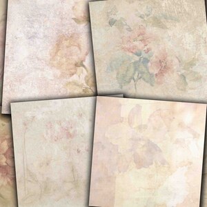 May include: A set of six digital paper backgrounds featuring a vintage floral design with faded pink roses and green leaves on a cream background.