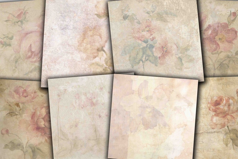 May include: A set of six digital paper backgrounds featuring a vintage floral design with faded pink roses and green leaves on a cream background.