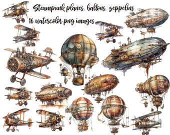 Steampunk Airplane, Watercolor aircraft, Steampunk aircraft, Aircraft clipart, Steampunk zeppelin, Steampunk air balloon