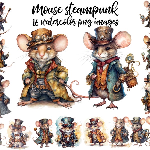 Steampunk mouse, Watercolor clipart, Steampunk mouse PNG, Mouse clipart, Junk journal mouse, Watercolor mouse, Mouse poster Buy 2 Get 1 FREE