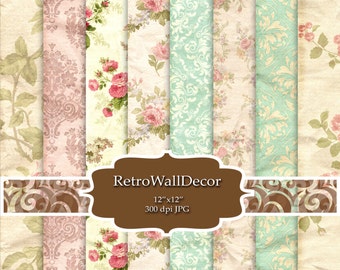 Shabby Chic Floral Digital Paper: Rose Scrapbook Background (12x12) (Digital Download)