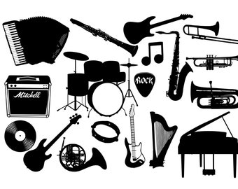 Musical Instrument Silhouettes: Guitar, Drums, Piano SVG (Digital Download)