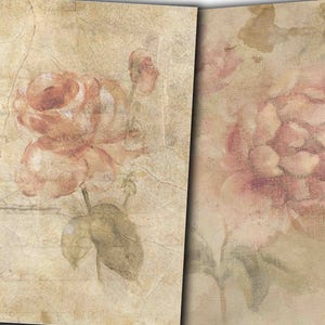 May include: Two vintage-style floral prints featuring faded pink roses on a textured beige background. The roses are painted in a watercolour style with soft edges.