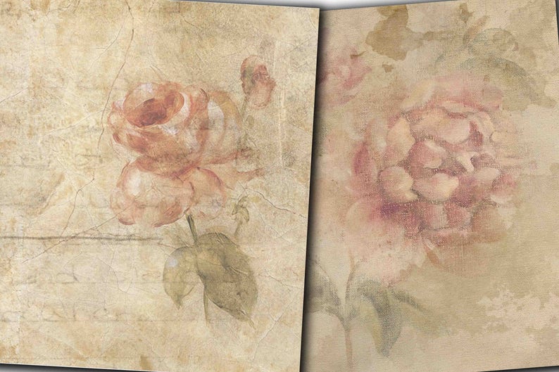 May include: Two vintage-style floral prints featuring faded pink roses on a textured beige background. The roses are painted in a watercolour style with soft edges.