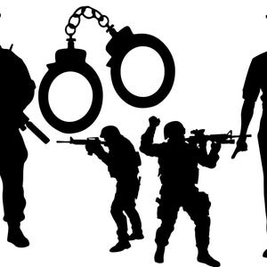May include: Silhouettes of four people, three of them are police officers, one is holding handcuffs, and one is holding a rifle. The fourth person is a soldier holding a rifle.