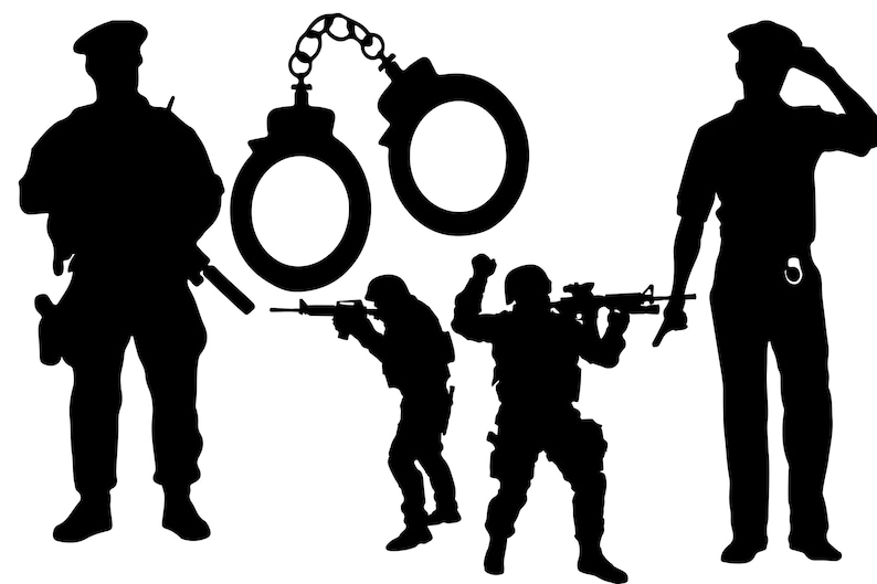 May include: Silhouettes of four people, three of them are police officers, one is holding handcuffs, and one is holding a rifle. The fourth person is a soldier holding a rifle.