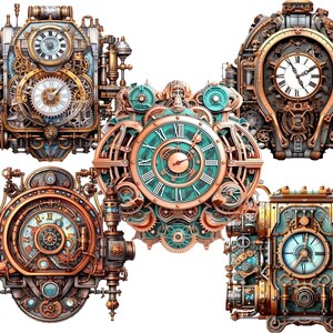 Steampunk Time Machine Watercolor Clipart: 16 PNG Images (digital ...