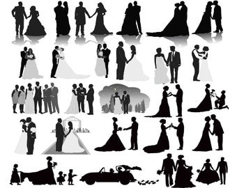 Wedding Party, Wedding Silhouettes, Wedding clipart, Bride Clip Art, Bride Bridesmaid, Hearts Clip Art, Design elements Buy 2 Get 1 FREE