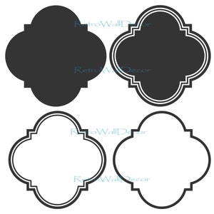 Puede incluir: Cuatro marcos decorativos en blanco y negro con forma de tr&eacute;bol de cuatro hojas. Los marcos est&aacute;n delineados en negro y tienen un interior blanco.