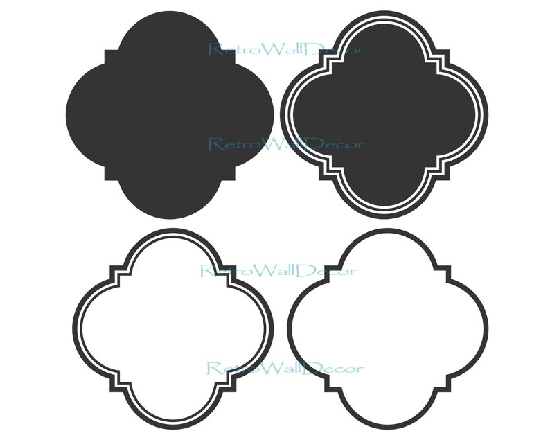 Puede incluir: Cuatro marcos decorativos en blanco y negro con forma de tr&eacute;bol de cuatro hojas. Los marcos est&aacute;n delineados en negro y tienen un interior blanco.