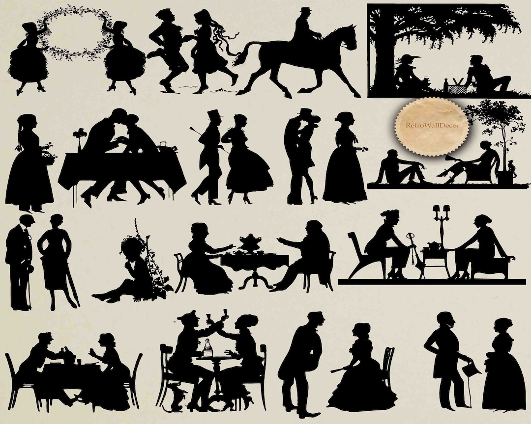 Vintage Silhouettes, Couple Silhouettes Clip Art, Vintage Illustration, Children Silhouettes ...