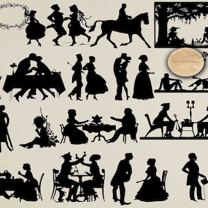 Vintage Silhouetten, Paar Silhouetten Clip Art, Vintage Illustration, Kinder Silhouetten, druckbare Kunstgrafiken Kaufen 2 erhalten 1 GRATIS
