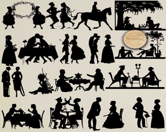 VIntage Silhouettes, Silhouettes de couple Clip art, illustration vintage, Silhouettes d’enfants, Graphiques d’art imprimables Achetez 2 Obtenez 1 GRATUIT