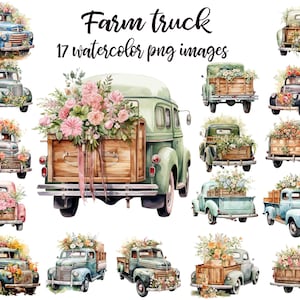 Caminhão de fazenda floral, clipart de caminhão de fazenda, aquarela de caminhão de fazenda, imagem de caminhão floral, aquarela de veículo, pôster de caminhão floral, caminhão de flores png
