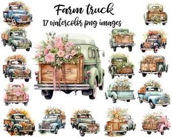 Floral farm truck, Farm truck clipart, Farm truck watercolor, Floral truck image, Vehicle watercolor, Floral truck poster, Flower truck PNG