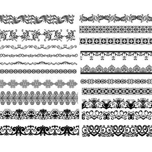 Può includere: Un set di 18 bordi decorativi in ​​bianco e nero con intricati disegni floreali e geometrici. Questi bordi possono essere utilizzati per lo scrapbooking, la creazione di biglietti, gli inviti e altri progetti di artigianato.