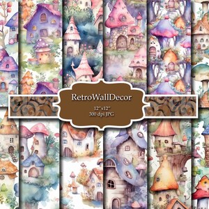 Papel de casa de hadas, Papel de hadas, Papel de acuarela, Patrón de hadas, Acuarela digital, Fondo de hadas, Papel 12x12 Compre 2 y obtenga 1 GRATIS