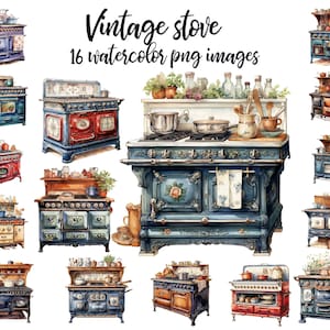 Clipart stufa vintage, immagine acquerello stufa, clipart stufa a legna, elettrodomestico da cucina vintage Acquista 2 Ottieni 1 GRATIS