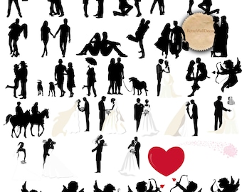 Wedding Party, Wedding Silhouettes, Wedding clipart, Bride Clip Art, Couples , Cupid, Hearts Clip Art, Design elements Buy 2 Get 1 FREE