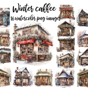 Cafetería de invierno, imágenes prediseñadas de Winter Cafe, acuarela de café, ilustración de café, imagen de cafetería, imagen de café, arte imprimible Compre 2 Obtenga 1 GRATIS