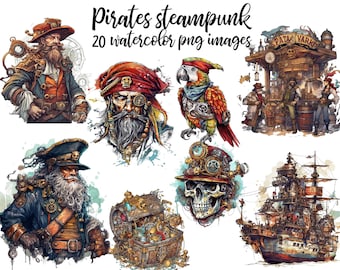 Pirate Steampunk Watercolor Clipart: Nautical Digital Art (PNG)