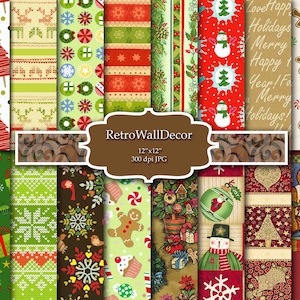 Christmas Digital Paper Pack: Holiday Patterns, Santa, Winter (Digital Download)