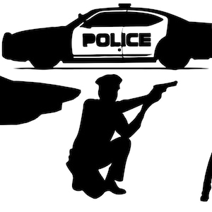 May include: Silhouette of a police car, a police officer aiming a gun, a police officer's hat, and a woman with handcuffs.