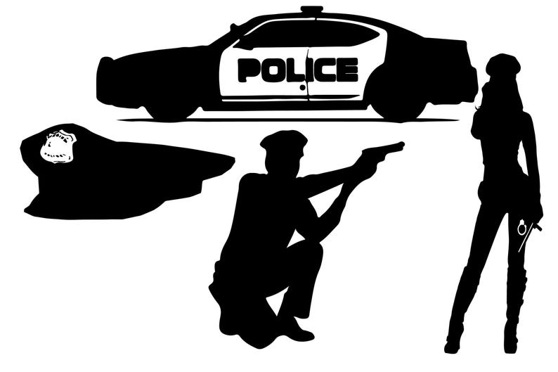 May include: Silhouette of a police car, a police officer aiming a gun, a police officer's hat, and a woman with handcuffs.