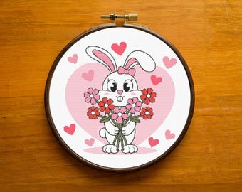 Rabbit Hearts Cross Stitch Pattern: Floral Bunny Design (PDF Pattern)