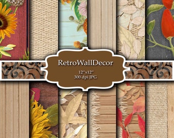 Wood Digital Paper, Floral pattern, Autumn  Wood , Wood background, Rustic digital paper, Wood pattern, Paper 12x12 Buy 2 Get 1 FREE