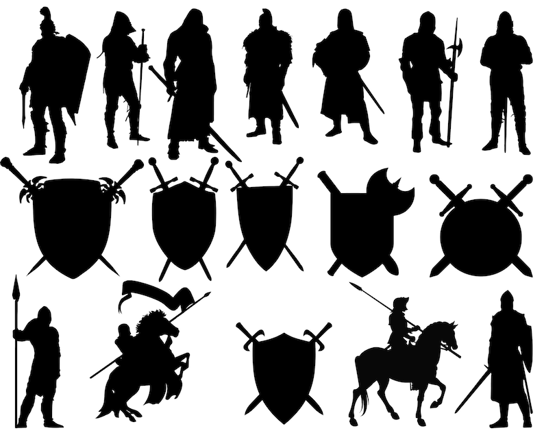 May include: Black and white silhouette illustration of knights, swords, and shields. The knights are wearing armor and holding swords and shields. The swords and shields are various shapes and sizes.