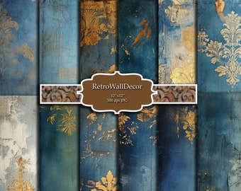 Gold & Blue Damask Digital Paper: Shabby Chic Scrapbook Background (12x12) (Digital Download)