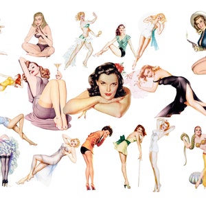 Retro Pin up Girls Watercolor Clipart Bundle, Transparent PNG