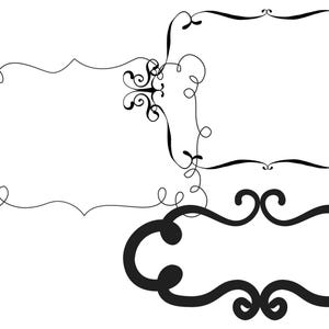 May include: Three black decorative frames with ornate flourishes. The frames are empty and ready to be filled with text or images.